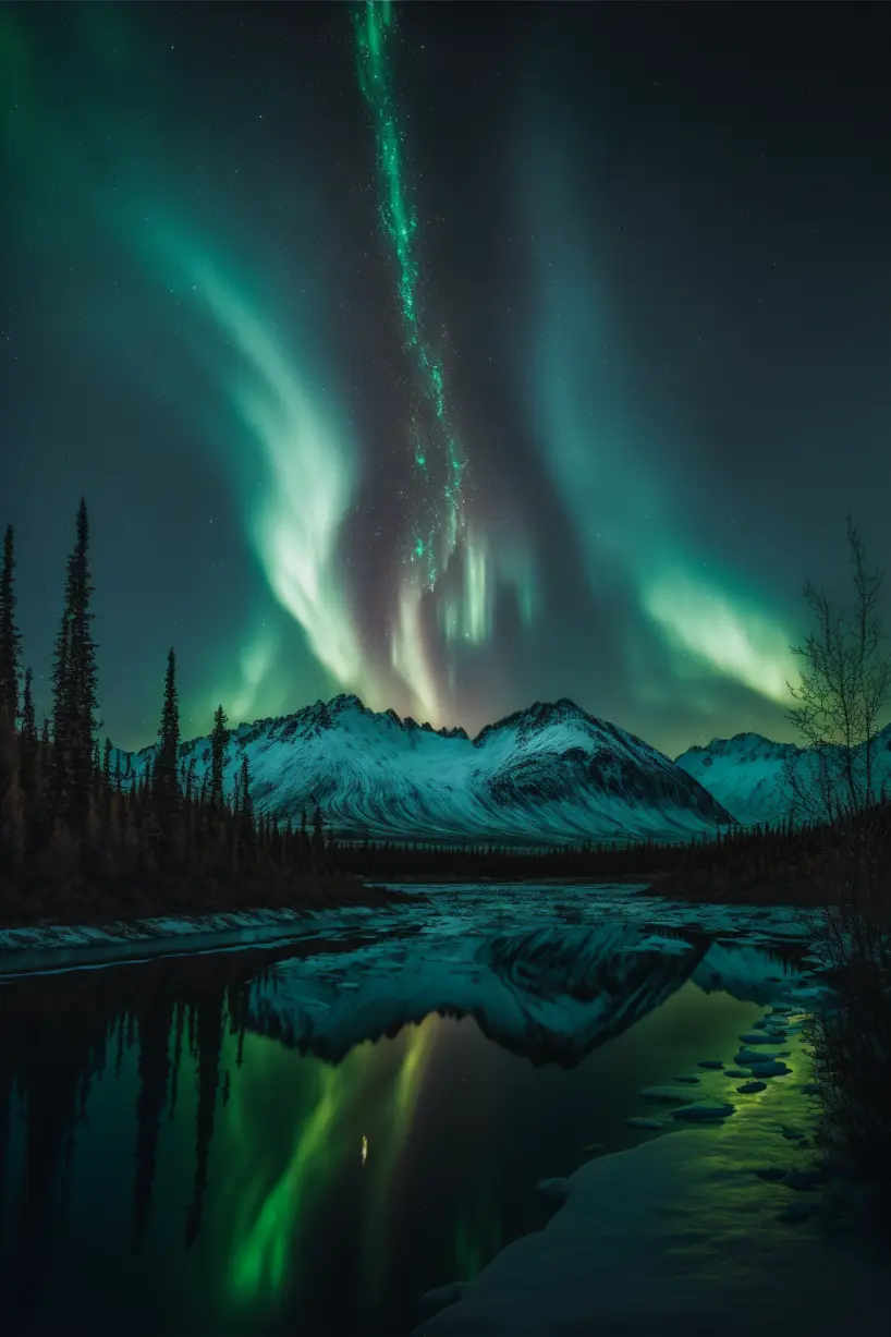 view of the northern lights at night time, seen in Alaska, Canon RF 16mm f:2.8 STM Lens, hyperrealistic photography, style of unsplash and National Geographic